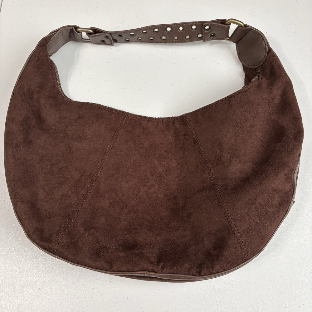 Vtg Chocolate Brown Hobo Bag Purse Faux Suede Y2K Promo Crescent Slouchy